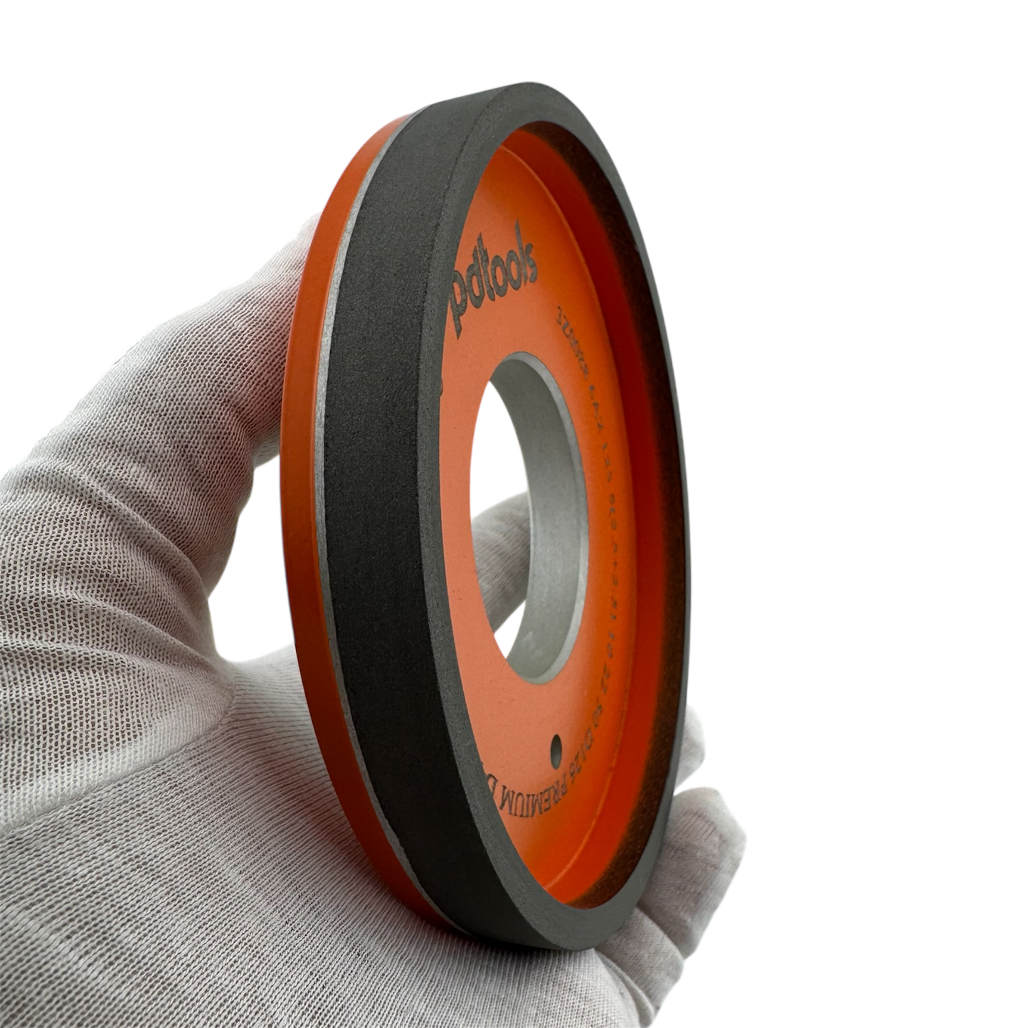 angle view in hand 5 inch diamond cup wheel 6A2 120/400 double grit 32mm arbor for carbide tools